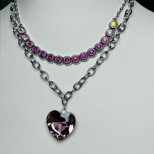 Pink Rhinestone Heart Statement Chunky Necklace Bundle with earrings 5Pc Set